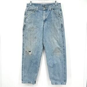 VTG Lee Dungarees Thrashed Distressed Carpenter Jeans Mens Size 32x30 Light Wash